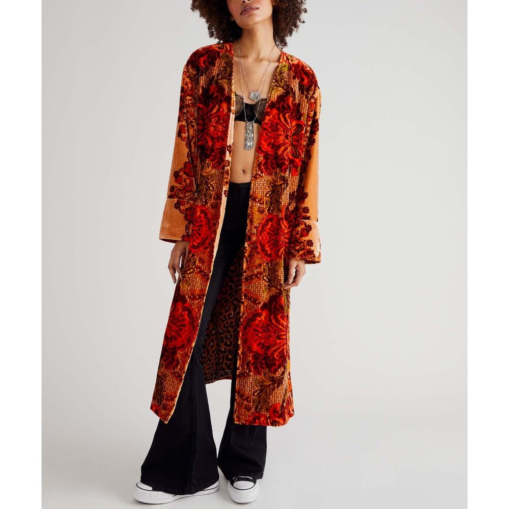 Free People Burnt Orange & Red Floral Velvet Duster Coat